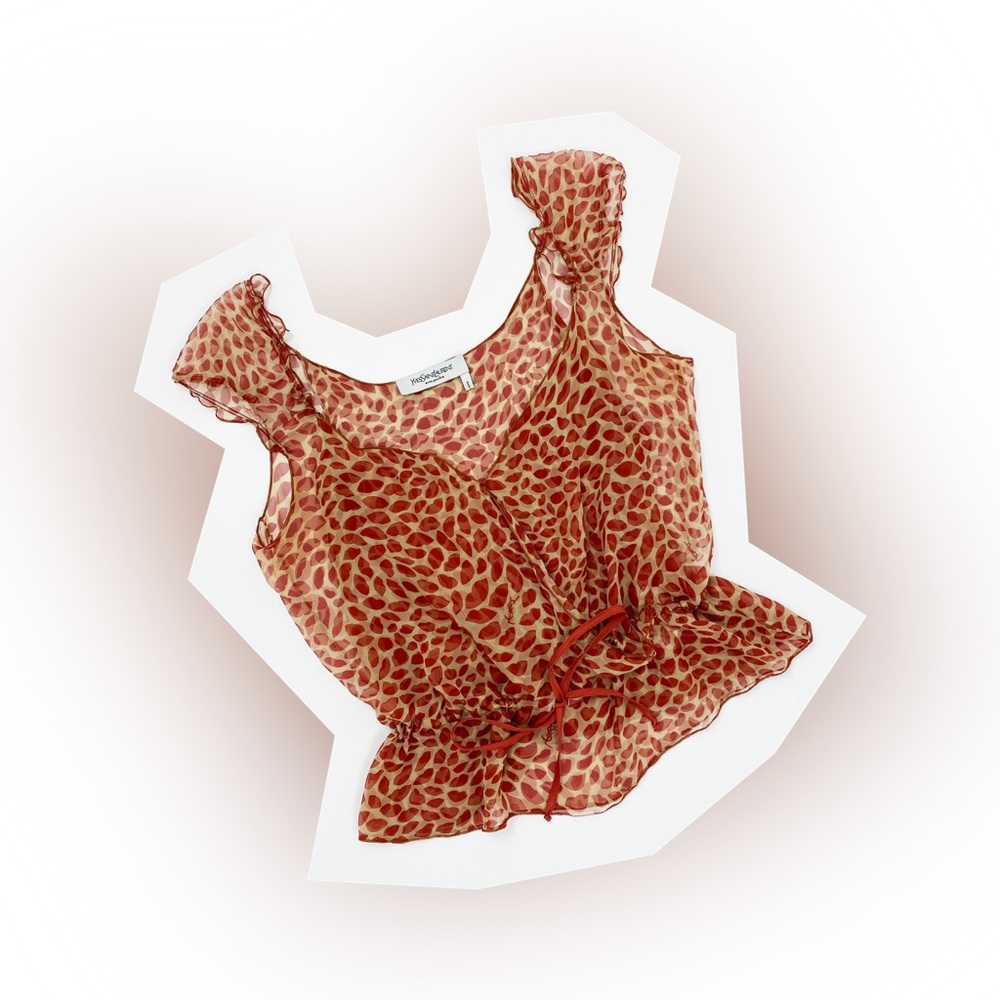 Yves Saint Laurent Red Lip Print Logo Sheer Chiffon Top